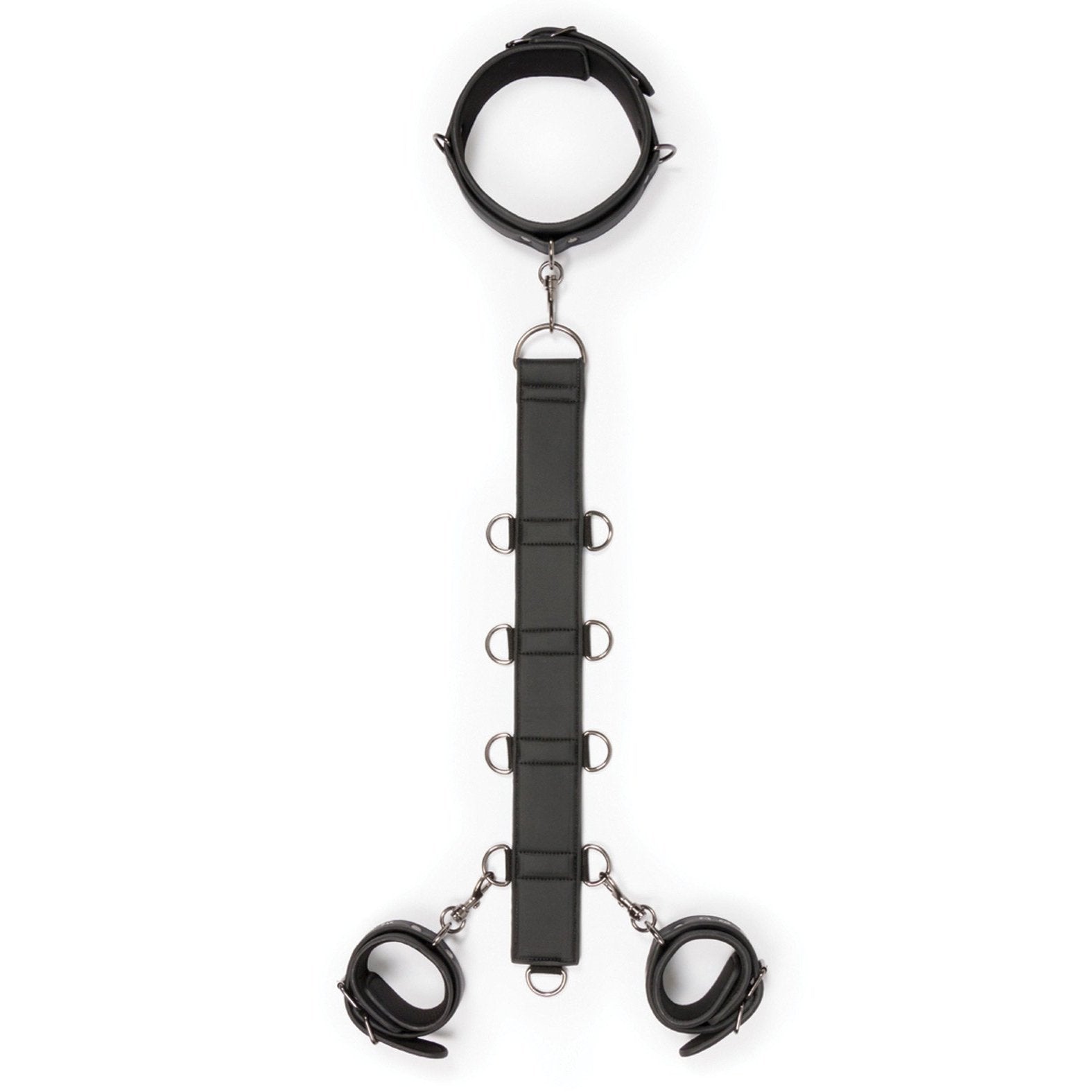 The Easy Toys Neck To Wrist Restraint Set by Adams Toy Box, crafted from black faux leather, includes a collar with a vertical strap featuring metal rings and two wrist cuffs connected by metal clips. This stylish BDSM set is elegantly showcased on a plain white background.