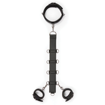 The Easy Toys Neck To Wrist Restraint Set by Adams Toy Box, crafted from black faux leather, includes a collar with a vertical strap featuring metal rings and two wrist cuffs connected by metal clips. This stylish BDSM set is elegantly showcased on a plain white background.