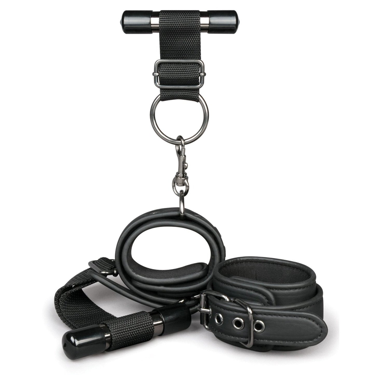 The Easy Toys Over The Door Wrist Cuffs by Easy Toys, featuring adjustable faux leather cuffs, a connecting ring, and sturdy fabric straps, are displayed on a white background.