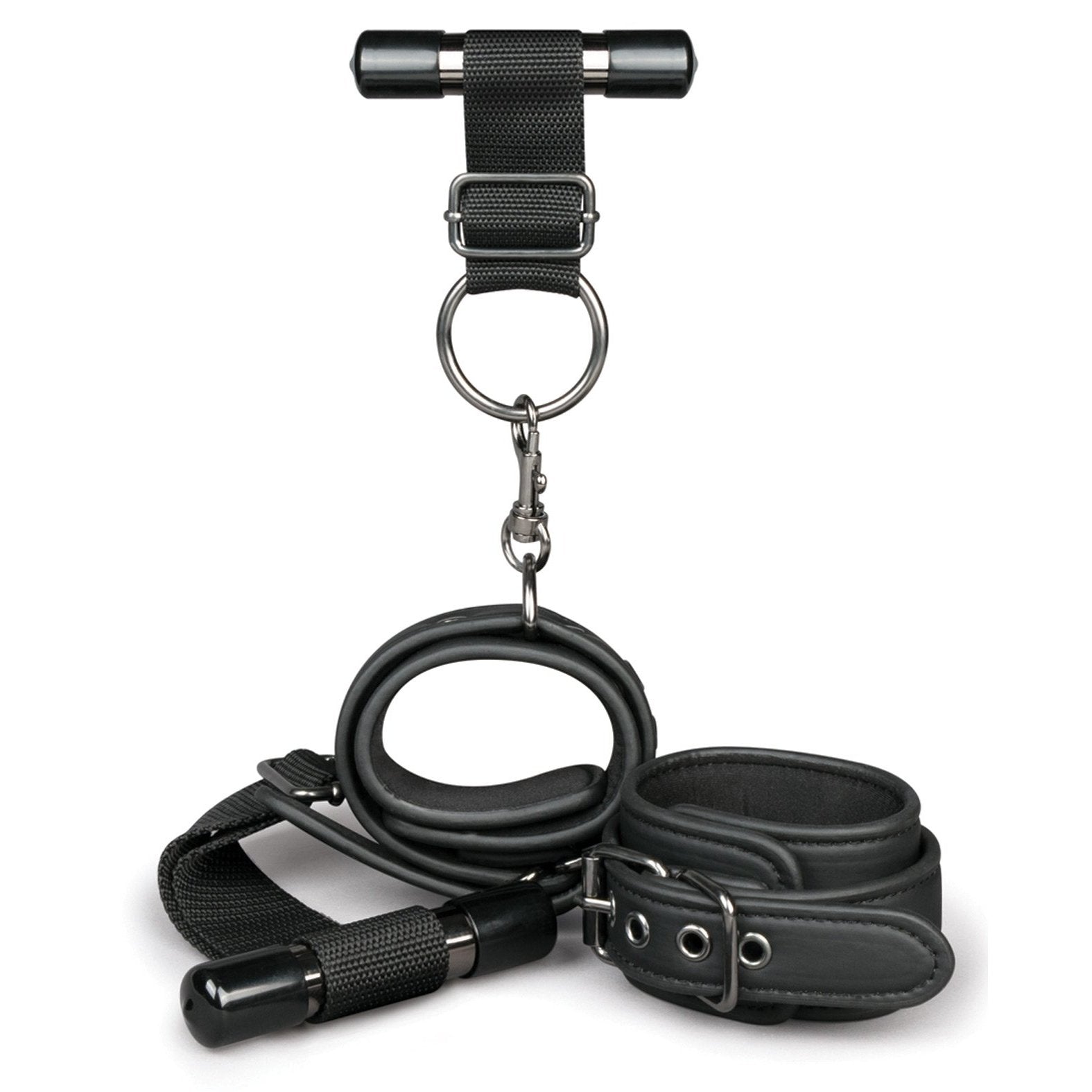 The Easy Toys Over The Door Wrist Cuffs by Easy Toys, featuring adjustable faux leather cuffs, a connecting ring, and sturdy fabric straps, are displayed on a white background.