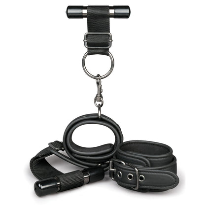 The Easy Toys Over The Door Wrist Cuffs by Easy Toys, featuring adjustable faux leather cuffs, a connecting ring, and sturdy fabric straps, are displayed on a white background.