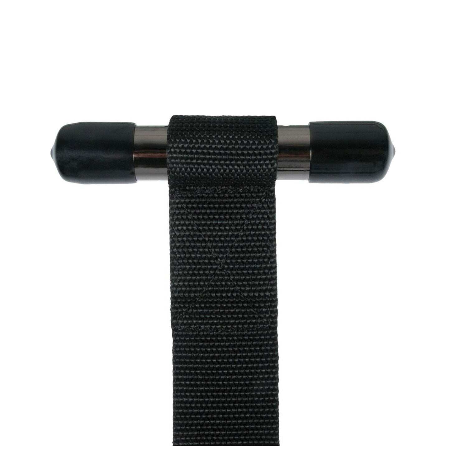 A close-up of the Easy Toys Over The Door Wrist Cuffs, with a black nylon strap resembling bondage restraints, looped tightly around a horizontal cylindrical metal rod capped with black rubber at both ends.