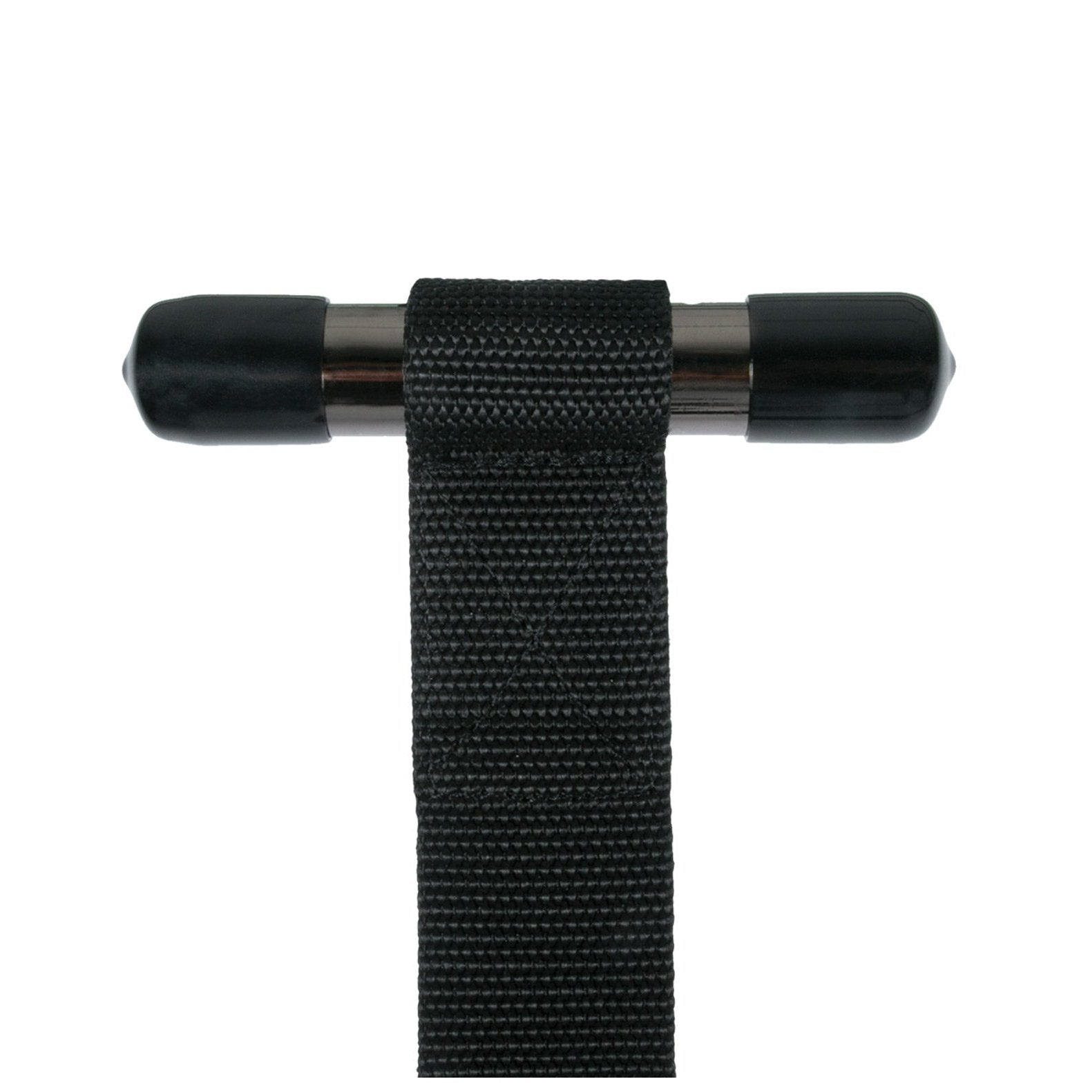 A close-up of the Easy Toys Over The Door Wrist Cuffs, with a black nylon strap resembling bondage restraints, looped tightly around a horizontal cylindrical metal rod capped with black rubber at both ends.