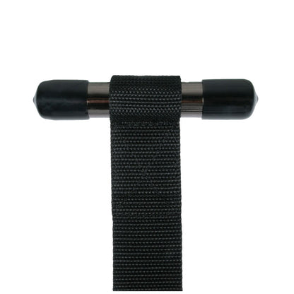 A close-up of the Easy Toys Over The Door Wrist Cuffs, with a black nylon strap resembling bondage restraints, looped tightly around a horizontal cylindrical metal rod capped with black rubber at both ends.