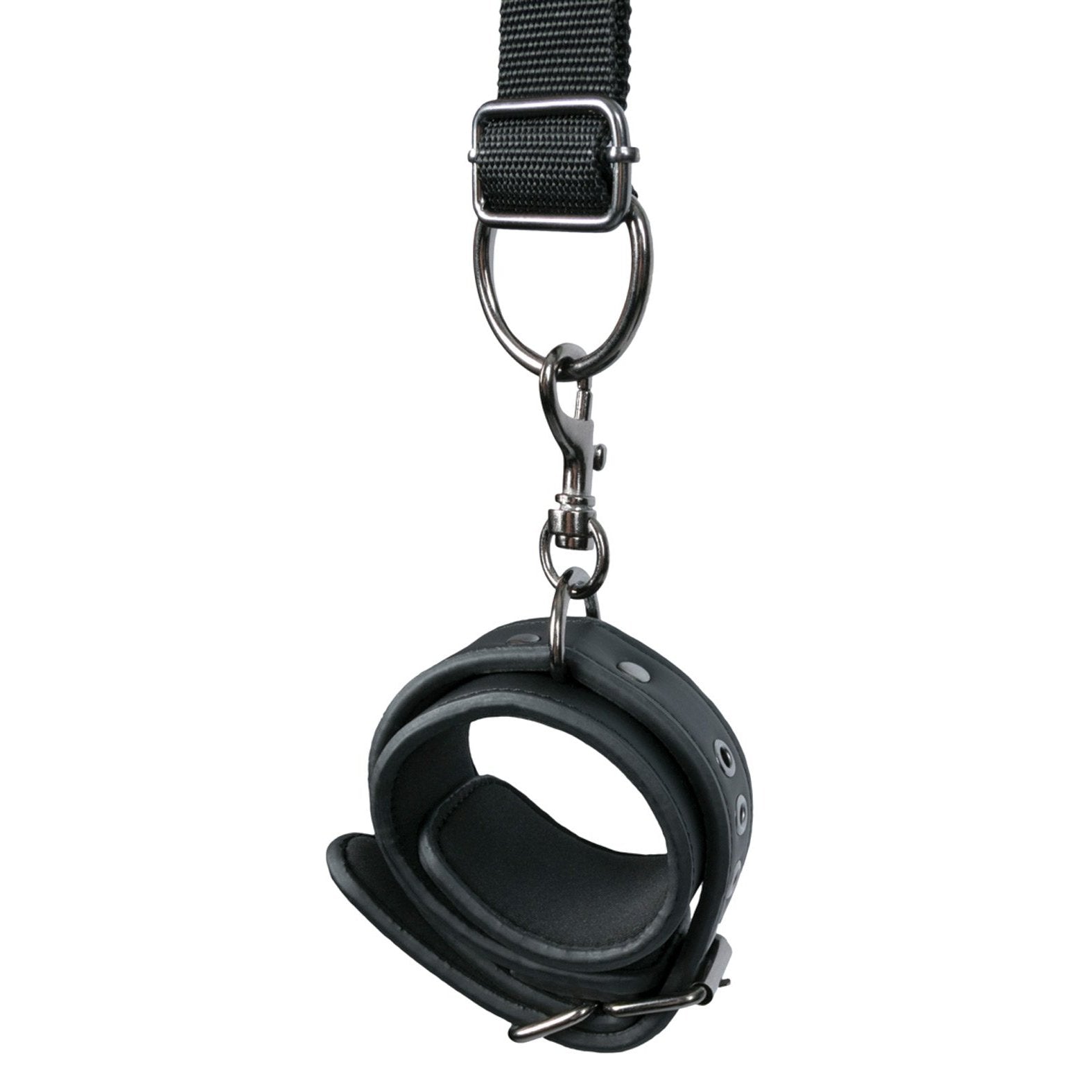 The Easy Toys Over The Door Wrist Cuffs by Easy Toys feature black faux leather cuffs with metal buckles and rivets, attached to a black strap with a metal clasp, ideal for discreet bondage restraints.