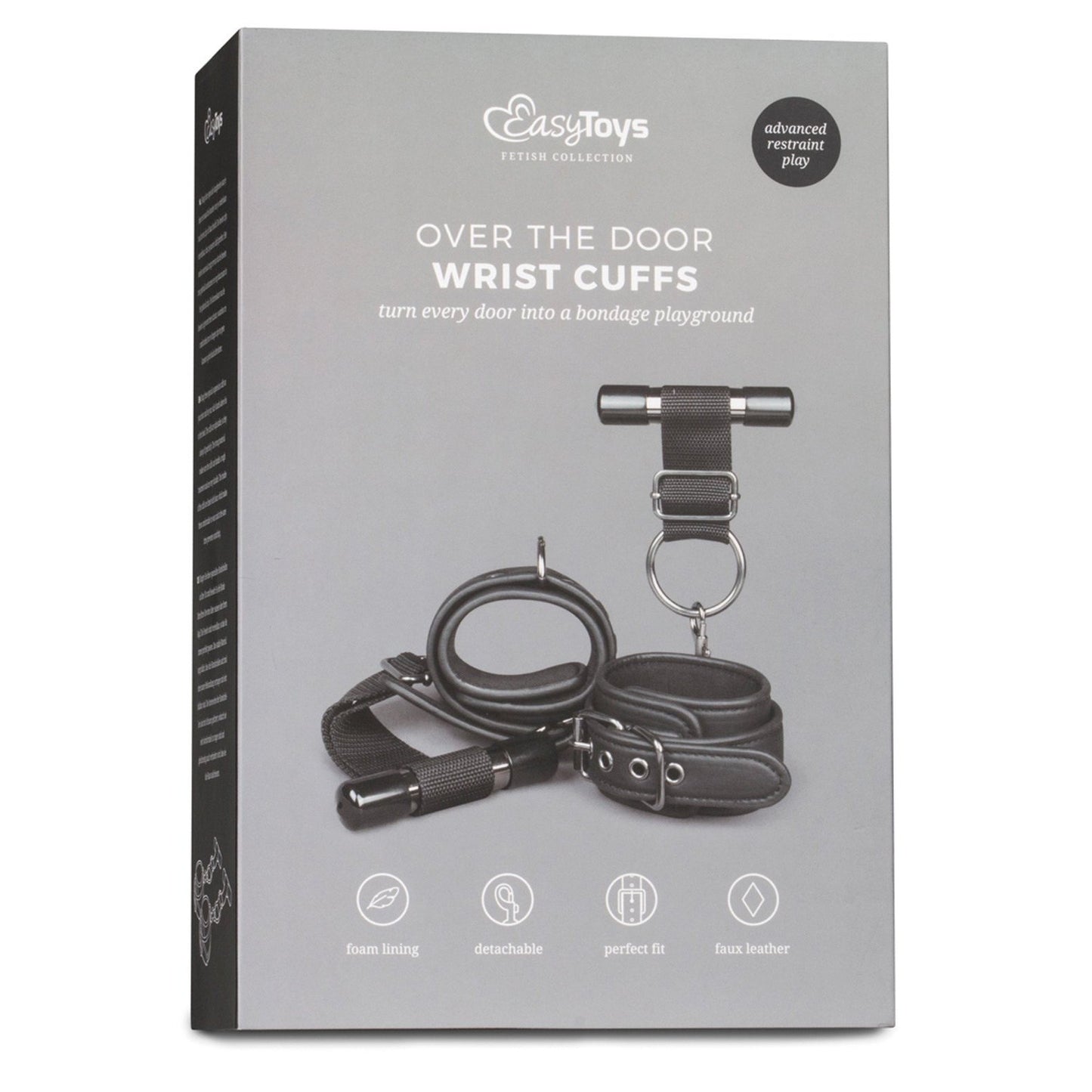 The Easy Toys Over The Door Wrist Cuffs, part of the Easy Toys brand, feature detachable faux leather cuffs with foam lining for a perfect fit. The packaging prominently displays these stylish cuffs and highlights their eye-catching design.