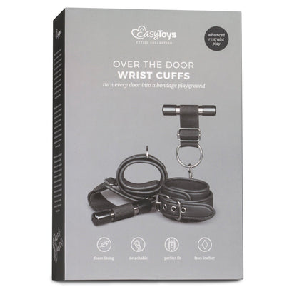 The Easy Toys Over The Door Wrist Cuffs, part of the Easy Toys brand, feature detachable faux leather cuffs with foam lining for a perfect fit. The packaging prominently displays these stylish cuffs and highlights their eye-catching design.