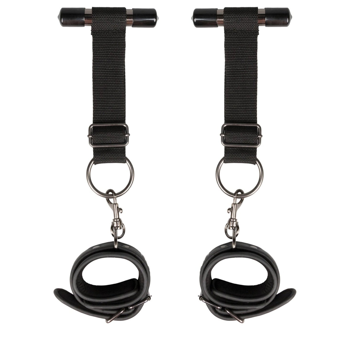 The Easy Toys Over The Door Wrist Cuffs by Easy Toys are black faux leather suspension cuffs with adjustable straps, metal clasps, padded interiors for comfort, and sturdy metal rings for secure hanging as bondage restraints.