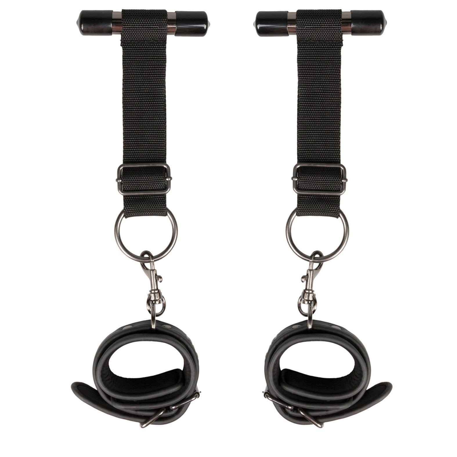 The Easy Toys Over The Door Wrist Cuffs by Easy Toys are black faux leather suspension cuffs with adjustable straps, metal clasps, padded interiors for comfort, and sturdy metal rings for secure hanging as bondage restraints.