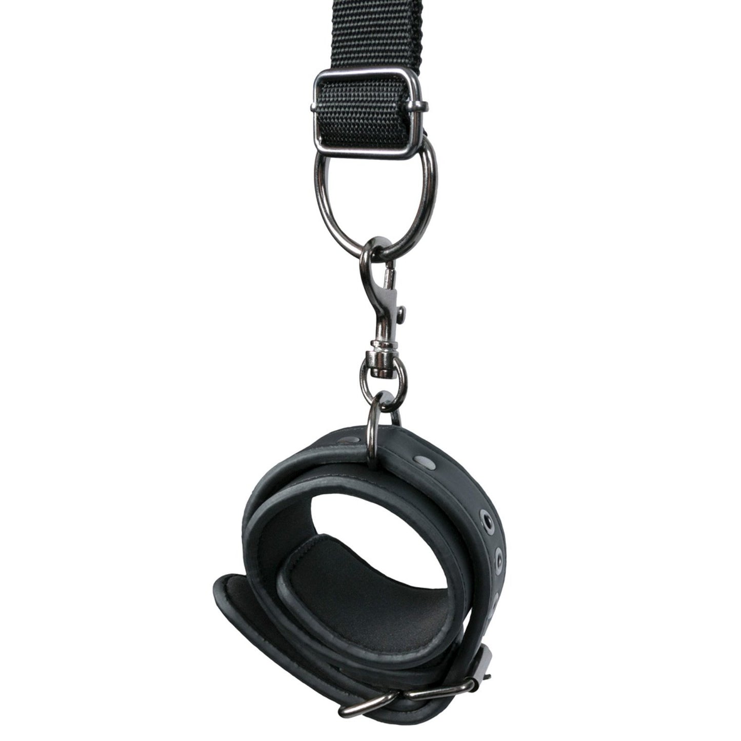 The Easy Toys Pillow & Ankle Cuffs Leg Position Strap by Adams Toy Box features a black faux leather wrist restraint with metal buckle, snaps, and swivel clasp on a fully adjustable black strap, suggesting versatile use as a creative sex positioning device.