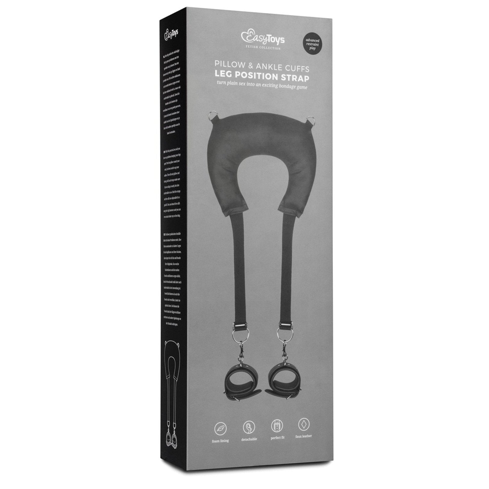 The Easy Toys Pillow & Ankle Cuffs Leg Position Strap by Adams Toy Box features faux leather ankle cuffs with a pillow and adjustable straps. Metal buckle attachments enhance comfort, while branding and icons highlight its versatility as a sex positioning device.