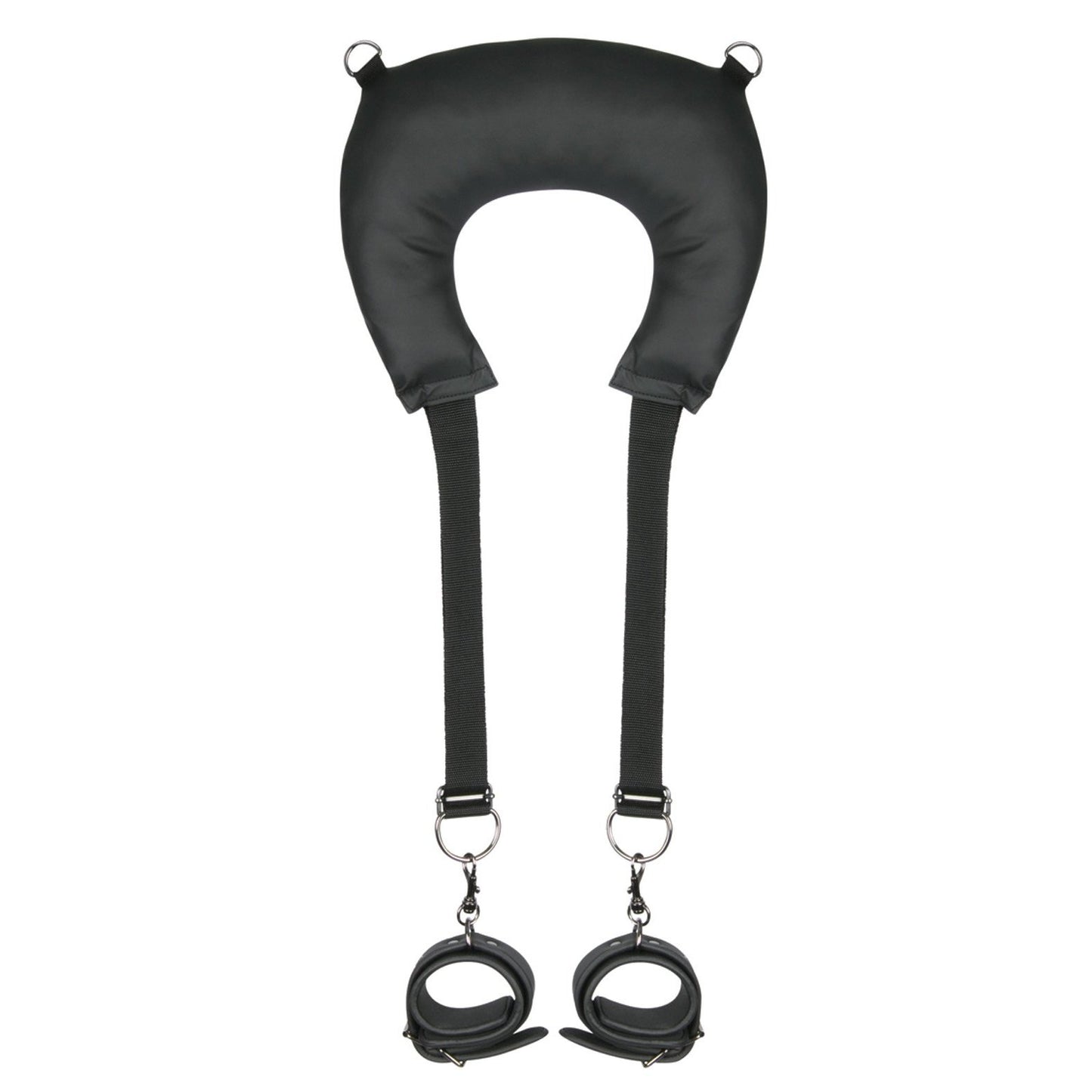 The Easy Toys Pillow & Ankle Cuffs Leg Position Strap by Adams Toy Box is a black, faux leather neck support with adjustable straps and attached wrist cuffs, designed for both comfort and restraint.