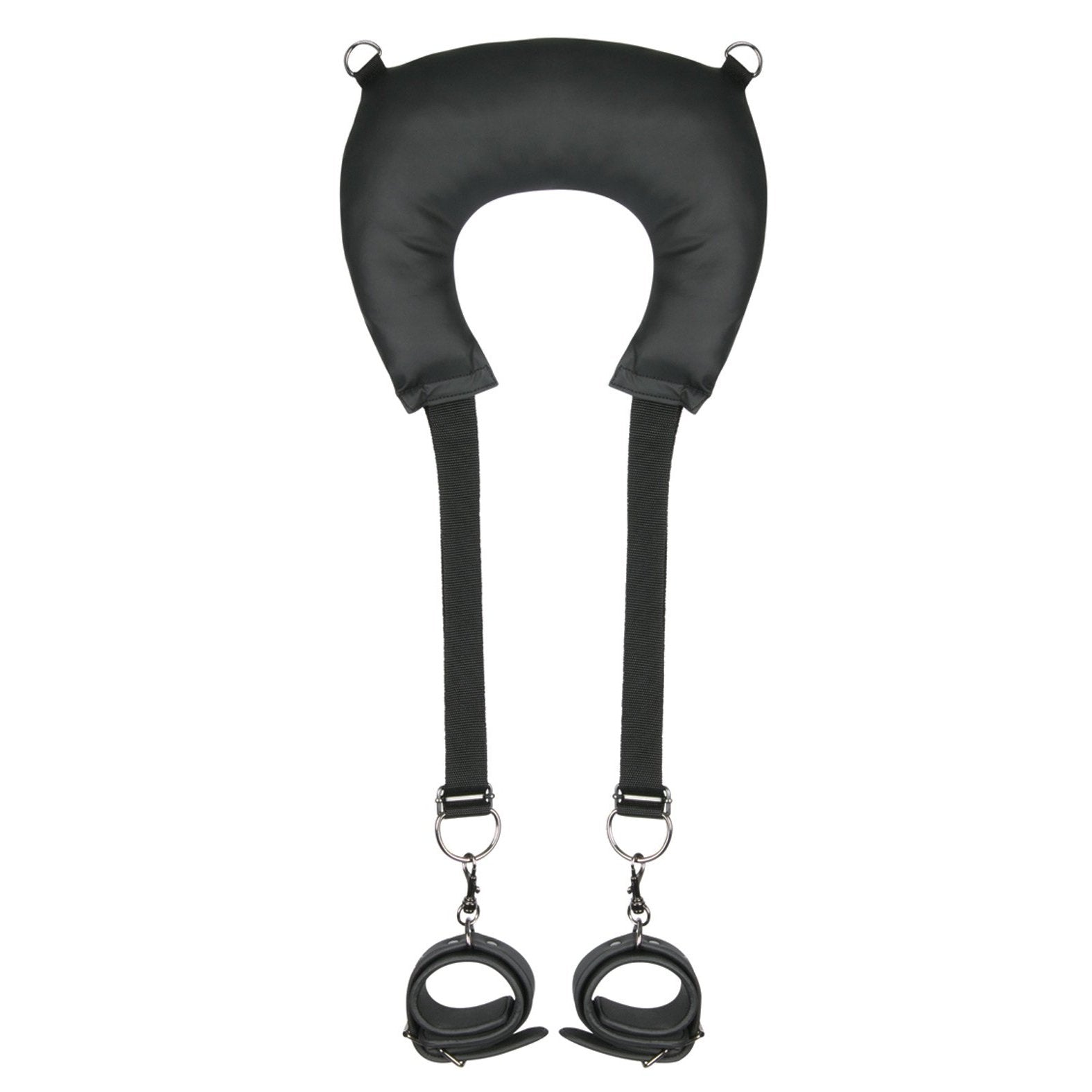 The Easy Toys Pillow & Ankle Cuffs Leg Position Strap by Adams Toy Box is a black, faux leather neck support with adjustable straps and attached wrist cuffs, designed for both comfort and restraint.