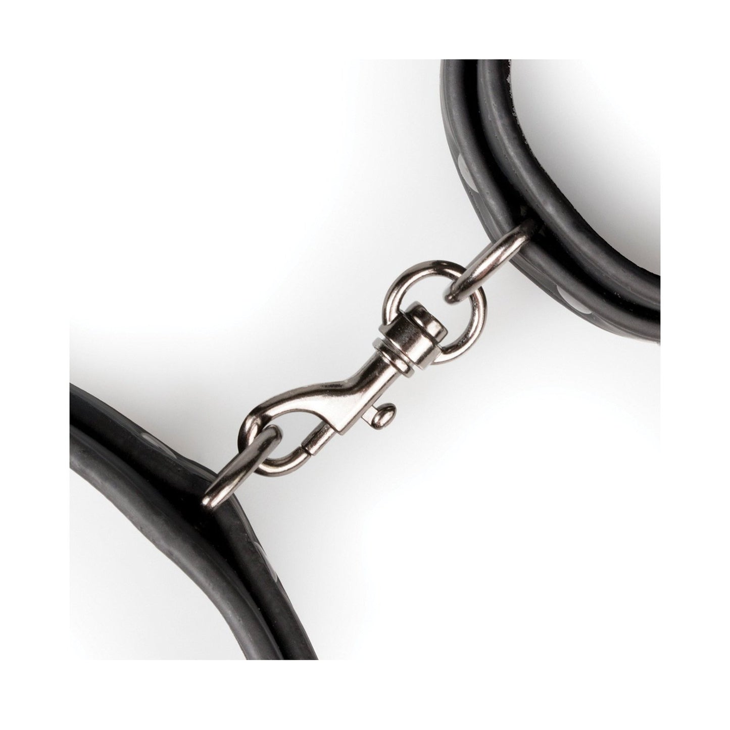 Close-up of the Easy Toys Thigh & Wrist Cuff Set by Easy Toys, featuring a faux leather construction with a sleek black rubber finish and metal swivel snap hook, displayed against a white background. The adjustable design ensures secure fastening at both ends.