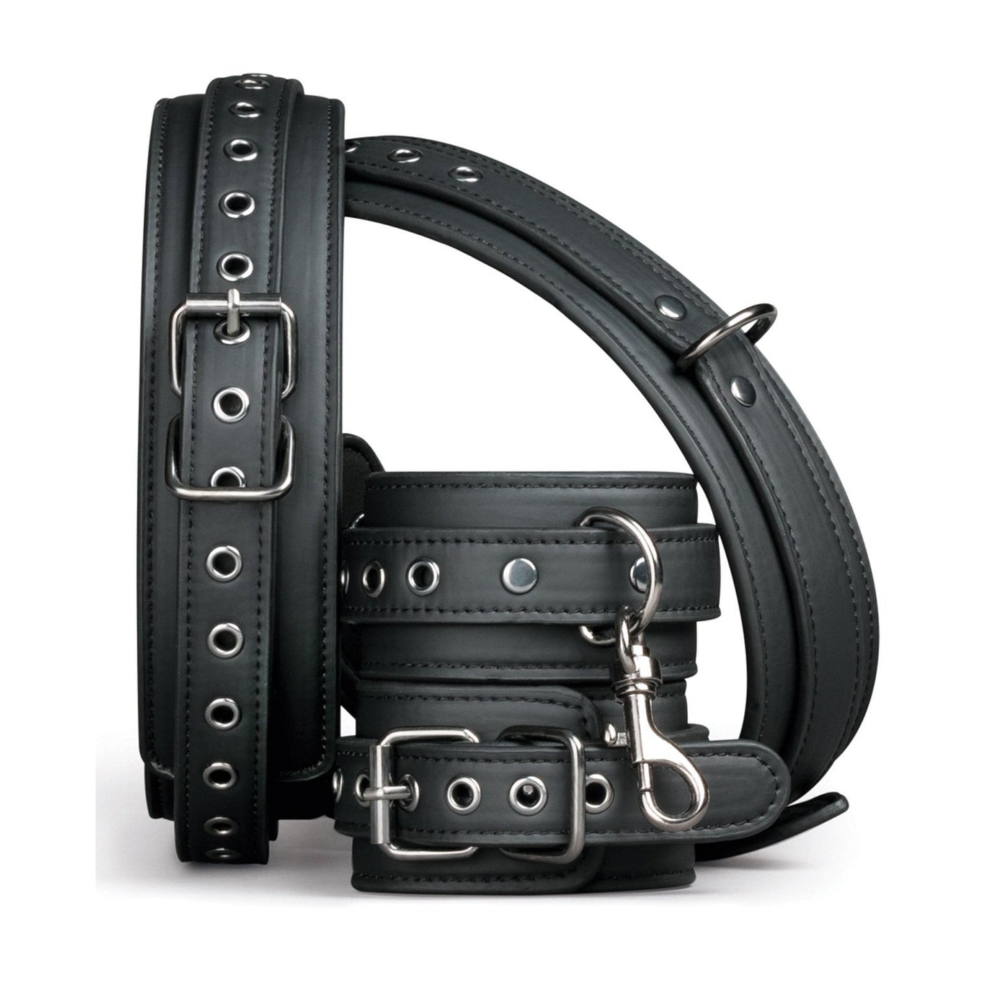 Explore the Easy Toys Thigh & Wrist Cuff Set, a stylish dark gray faux leather bondage gear. It features silver metal buckles, loop rings, adjustable sizing through multiple eyelets for comfort, and secure attachment with sturdy metal clasps. Perfect for both style and functionality.
