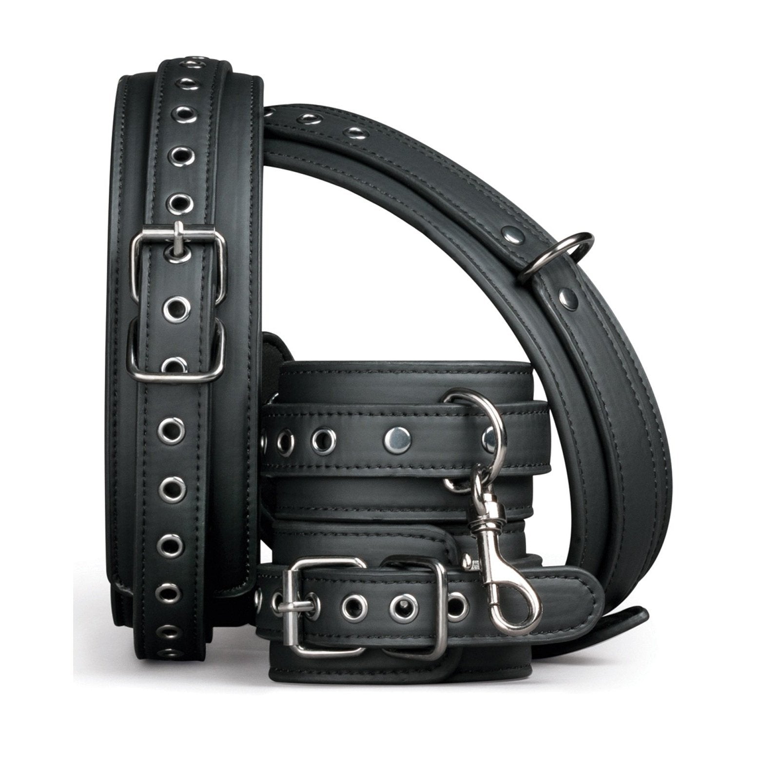 Explore the Easy Toys Thigh & Wrist Cuff Set, a stylish dark gray faux leather bondage gear. It features silver metal buckles, loop rings, adjustable sizing through multiple eyelets for comfort, and secure attachment with sturdy metal clasps. Perfect for both style and functionality.