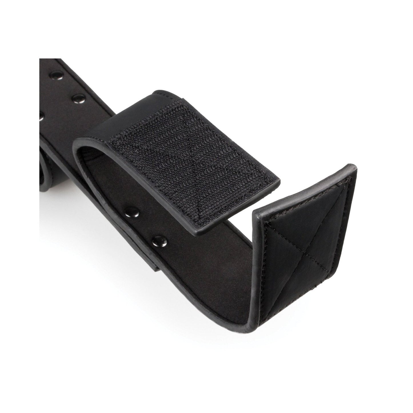 The Easy Toys Wrist & Ankle Bondage Bar features a close-up on a black leather strap with metal rivets, Velcro for adjustable fastening, and a padded end for comfort. Its BDSM-inspired design promises durability, reminiscent of faux leather cuffs.