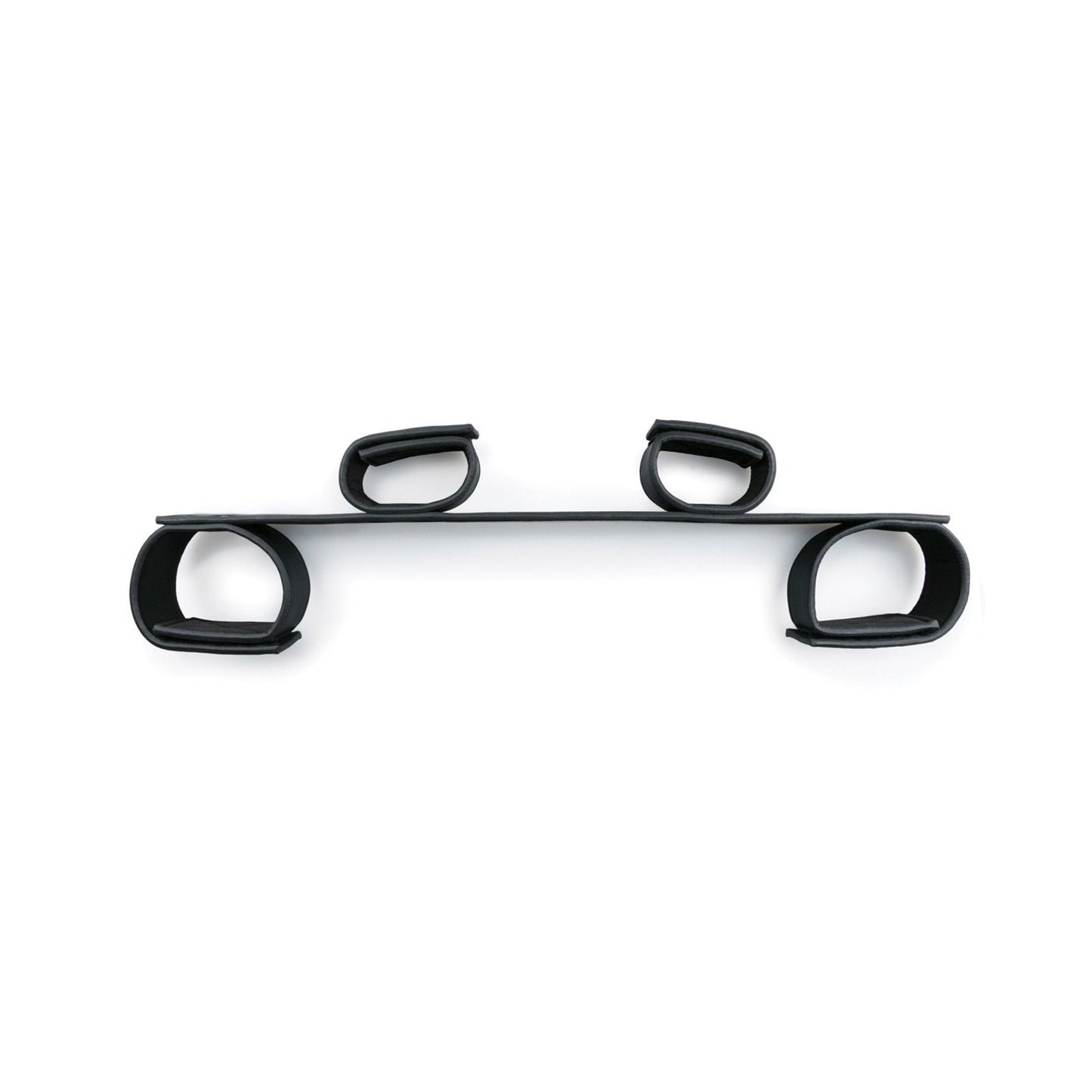 A black, minimalist wall coat rack with evenly spaced rounded hooks, styled like the sleek Easy Toys Wrist & Ankle Bondage Bar, mounted on a white background.