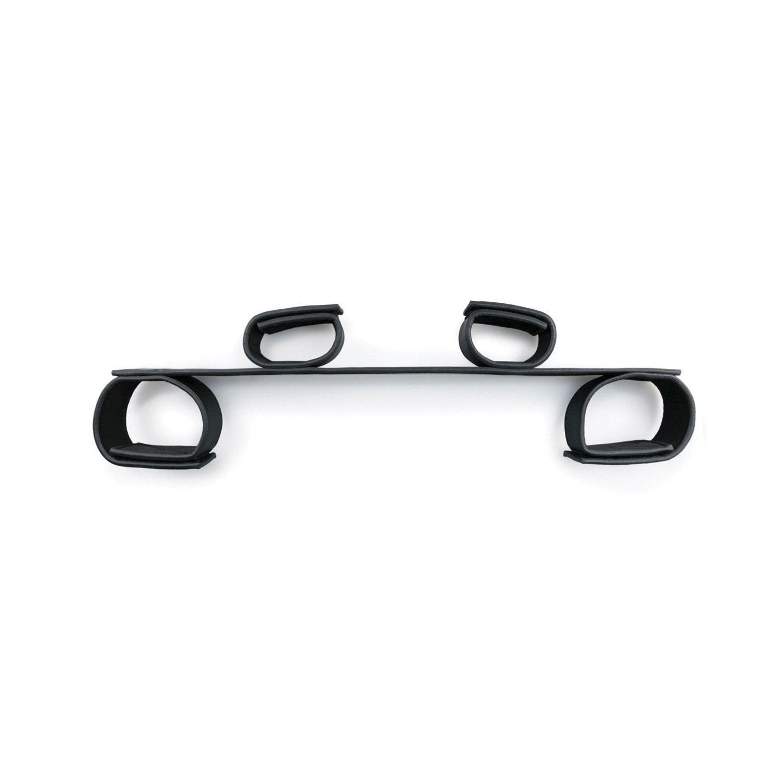 A black, minimalist wall coat rack with evenly spaced rounded hooks, styled like the sleek Easy Toys Wrist & Ankle Bondage Bar, mounted on a white background.