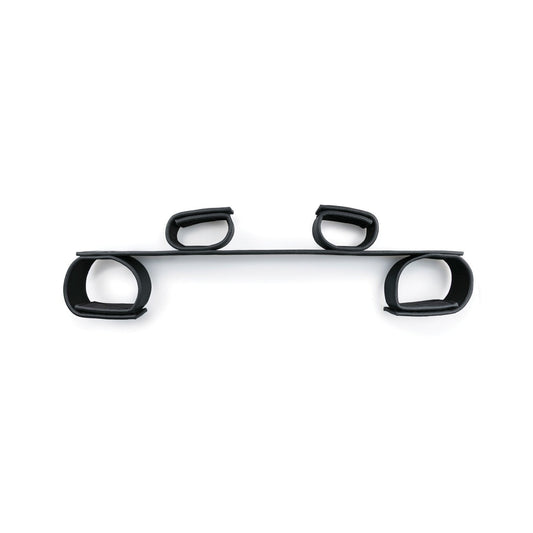 A black, minimalist wall coat rack with evenly spaced rounded hooks, styled like the sleek Easy Toys Wrist & Ankle Bondage Bar, mounted on a white background.