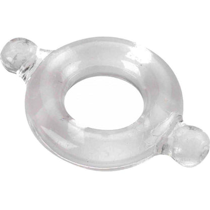The Elastomer Cock Ring Clear by Adams Toy Box is a circular, donut-shaped ring with two small knobs, designed for firmer erections. It has a smooth surface and is shown on a white background.