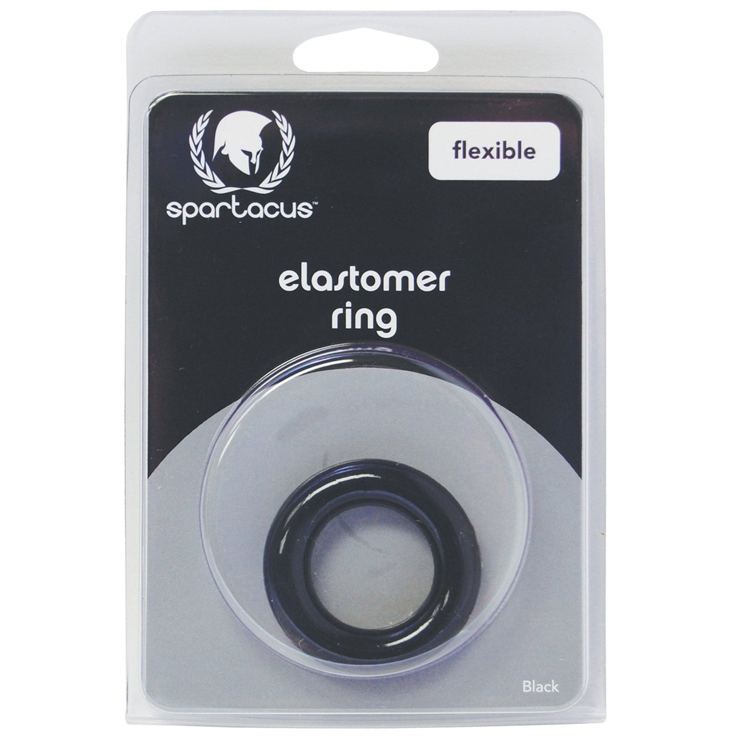 The Spartacus Elastomer Relaxed Fit Cock Ring packaging displays a black, flexible ring in a clear case. The brand logo at the top highlights its design for enhancing erections and stamina.