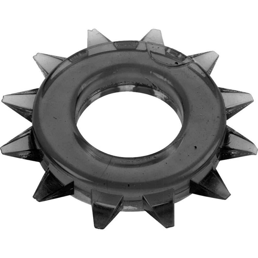 The Spartacus Elastomer Stud Cock Ring is a circular, dark-colored star lock washer made of body-safe elastomer. It features twelve pointed teeth around a central opening, enhancing grip and preventing loosening in mechanical assemblies.