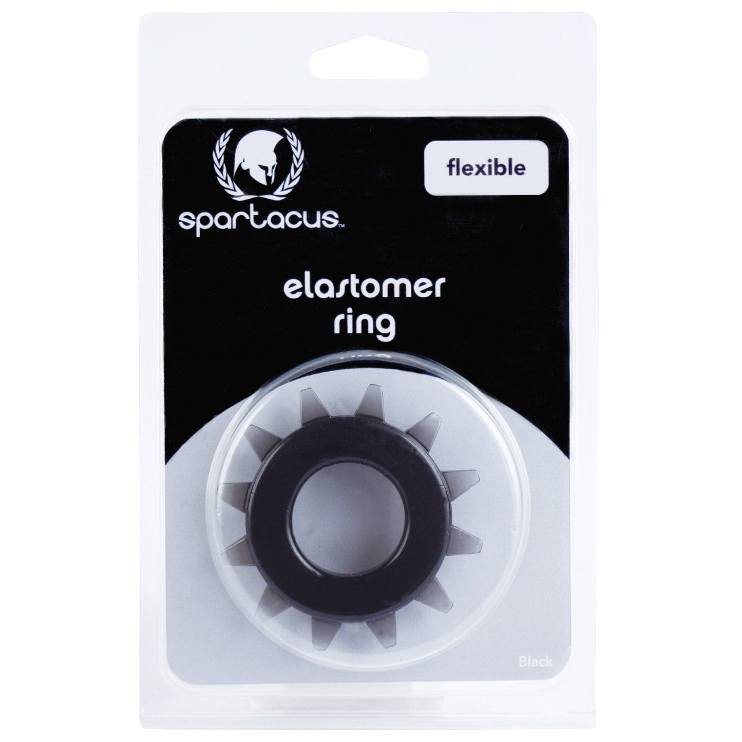 The Spartacus Elastomer Stud Cock Ring, made from body-safe elastomer, enhances your experience with its spiked design for stronger erections. Its packaged in a transparent pouch with sleek cardboard backing and labeled flexible.