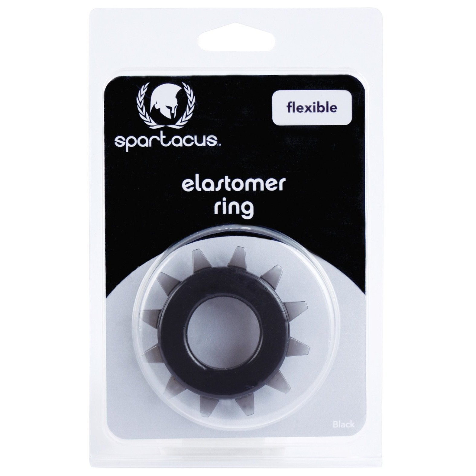 The Spartacus Elastomer Stud Cock Ring, made from body-safe elastomer, enhances your experience with its spiked design for stronger erections. Its packaged in a transparent pouch with sleek cardboard backing and labeled flexible.