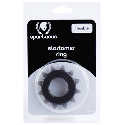 The Spartacus Elastomer Stud Cock Ring, made from body-safe elastomer, enhances your experience with its spiked design for stronger erections. Its packaged in a transparent pouch with sleek cardboard backing and labeled flexible.