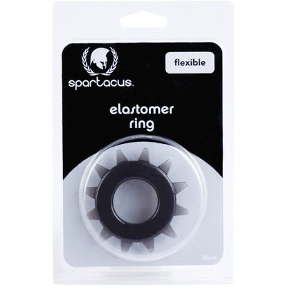 The Spartacus Elastomer Stud Cock Ring features a black, circular gear-like design made from body-safe elastomer, labeled as flexible. Packaged simply with clear plastic and a black and white label, its designed for effective erection enhancement.