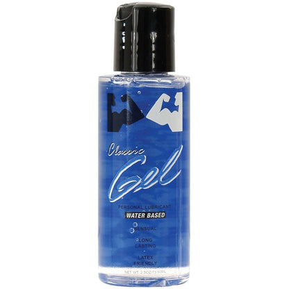 A clear bottle labeled Elbow Grease H2O Thick Gel by B. Cumming Company Inc. contains water-based natural lubrication with blue gel, a black cap, and is partially filled. It features bold text promoting it as sensual, long-lasting, and latex-safe. Capacity: 2.5 ounces (73 ml).