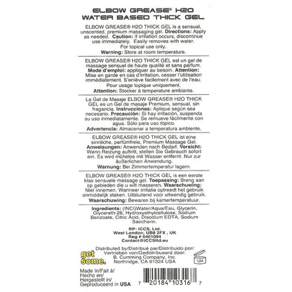 Photo of Elbow Grease H2O Thick Gel label, a latex-safe water-based lubricant by B. Cumming Company Inc., El Monte, CA, USA. Includes directions, warnings, and ingredients in English and French such as glycerin and sodium benzoate.