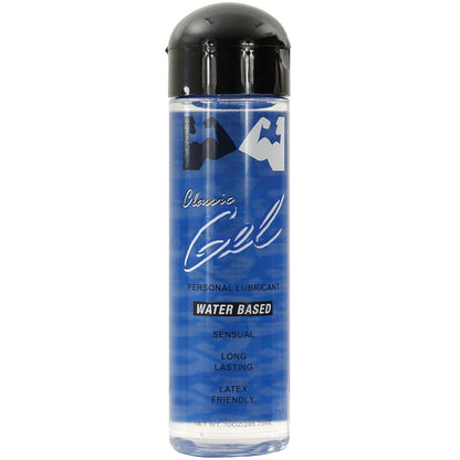 The Elbow Grease H2O Thick Gel by B. Cumming Company Inc. is a water-based personal lubricant offering natural lubrication, presented in a clear bottle with a black cap. It highlights sensual, long-lasting, and latex-safe qualities.