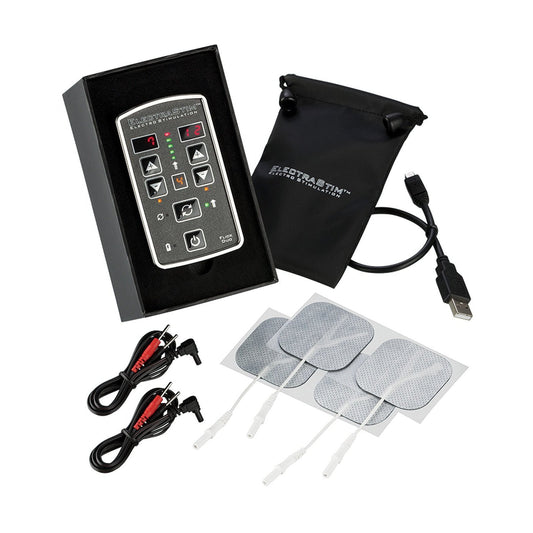 The ElectraStim Flick Duo Pack by ElectraStim is a portable electrotherapy device with customizable programs. It includes a control unit, USB charging cable, two lead cables, four electrodes, and a black storage pouch. The device features intuitive buttons and a digital display.