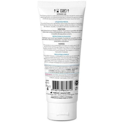 The EXSENS of Paris Personal Waterbased Lubricant - Pure Aqua by Exsens has English and French text detailing its use, warnings, directions, and ingredients on the back. Its a non-greasy, latex-compatible formula with a barcode indicating its from France.