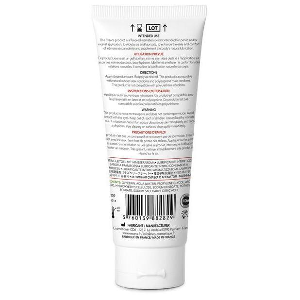 The EXSENS of Paris Personal Waterbased Lubricant - Pure Aqua by Exsens comes in a white tube with multilingual text, directions, ingredients, and usage symbols. The non-greasy formula is compatible with natural latex. The tube includes a barcode and a lot number.