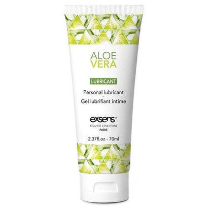 EXSENS of Paris Personal Waterbased Lubricant - Pure Aqua by Exsens features a non-greasy formula. Its packaging, adorned with green geometric designs, is compatible with natural latex and contains 2.37 fl oz (70 ml) of product.