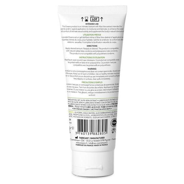 The image shows the back of a white tube from Exsens, detailing directions and ingredients for EXSENS of Paris Personal Waterbased Lubricant - Pure Aqua. Labeled for topical use, it features a non-greasy formula and has its barcode and manufacturing details at the bottom, compatible with natural latex.