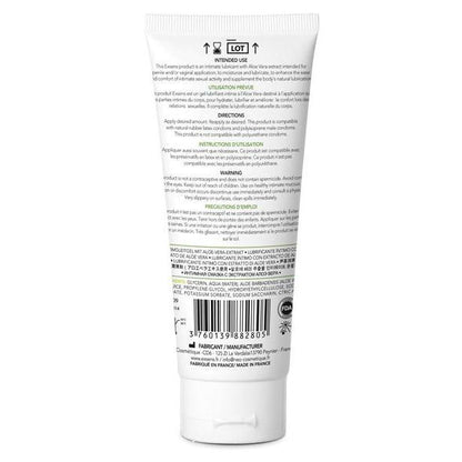 The image shows the back of a white tube from Exsens, detailing directions and ingredients for EXSENS of Paris Personal Waterbased Lubricant - Pure Aqua. Labeled for topical use, it features a non-greasy formula and has its barcode and manufacturing details at the bottom, compatible with natural latex.