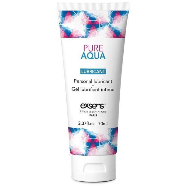 EXSENS of Paris Pure Aqua Personal Water-based Lubricant, 2.37 fl. oz. (70 ml), by Exsens, comes in a white tube with blue and pink geometric designs. This non-greasy lubricant is compatible with natural latex for smooth and safe intimate use.