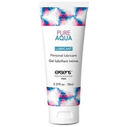 EXSENS of Paris Pure Aqua Personal Water-based Lubricant, 2.37 fl. oz. (70 ml), by Exsens, comes in a white tube with blue and pink geometric designs. This non-greasy lubricant is compatible with natural latex for smooth and safe intimate use.