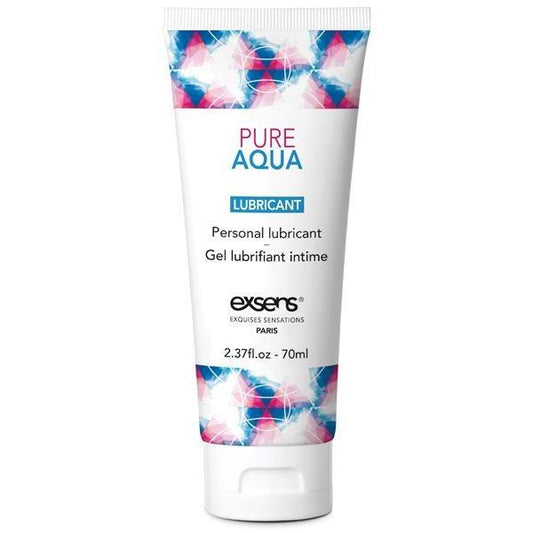 EXSENS of Paris Pure Aqua Personal Water-based Lubricant, 2.37 fl. oz. (70 ml), by Exsens, comes in a white tube with blue and pink geometric designs. This non-greasy lubricant is compatible with natural latex for smooth and safe intimate use.