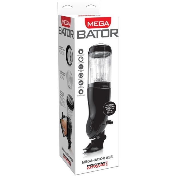 The Extreme Toyz Mega Bator Rechargeable Masturbator Mouth/Ass by Adams Toy Box features a USB-rechargeable design with an innovative suction cup base for hands-free use, highlighted on the sleek black packaging along with its waterproof capabilities and advanced functions.