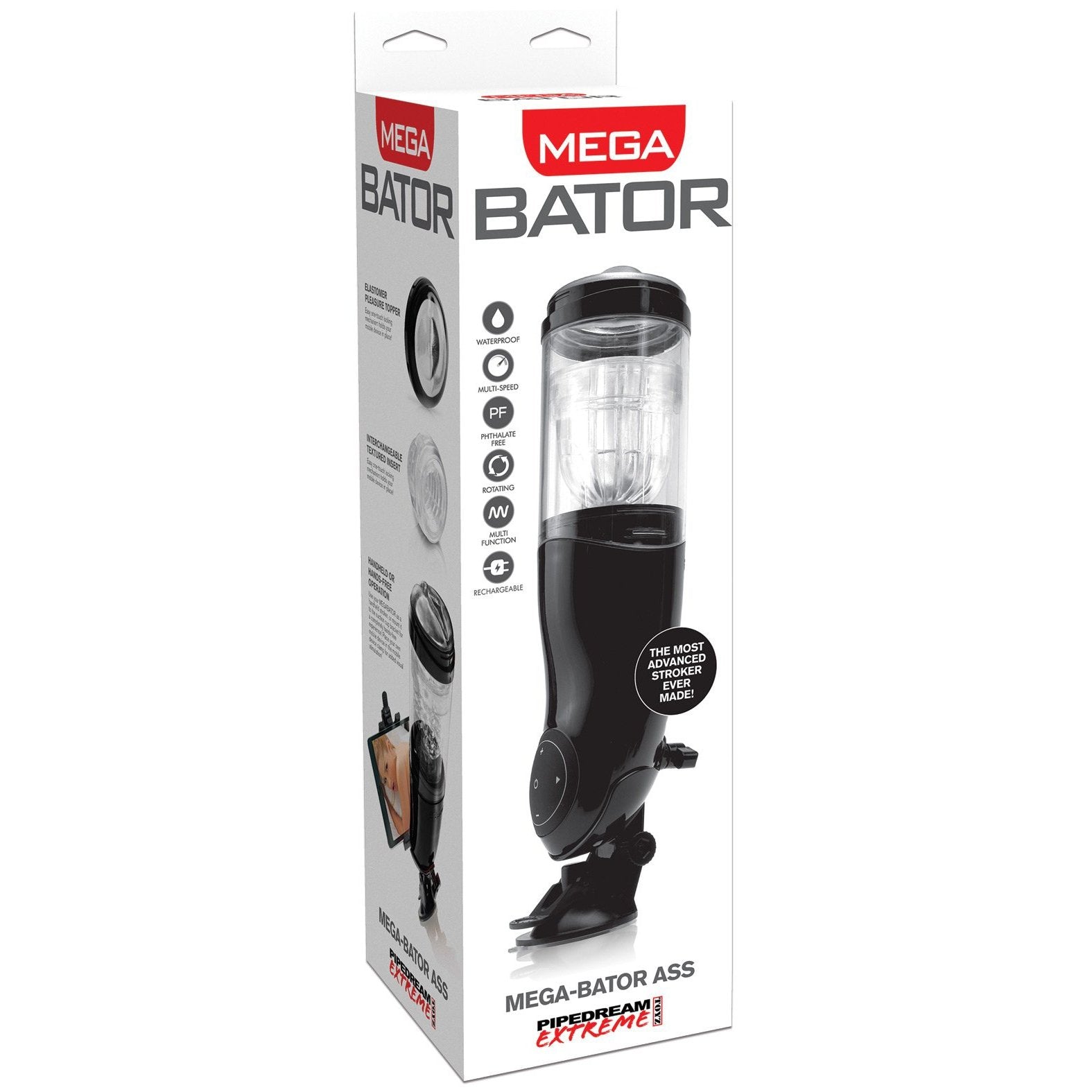 The image shows the packaging of the Adams Toy Box Extreme Toyz Mega Bator Rechargeable Masturbator Mouth/Ass. The mostly white box features black and red text and images, highlighting its hands-free automatic functionality and USB-rechargeable feature.