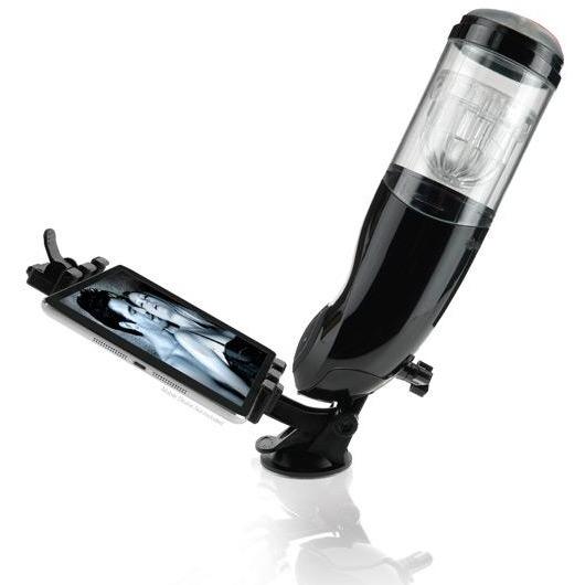 The Extreme Toyz Mega Bator by Adams Toy Box is a sleek black device with a transparent chamber, mounted on a base. A waterproof smartphone attaches to the side, displaying grayscale images. This hands-free, tech gadget offers versatile functionality and USB-rechargeable convenience.