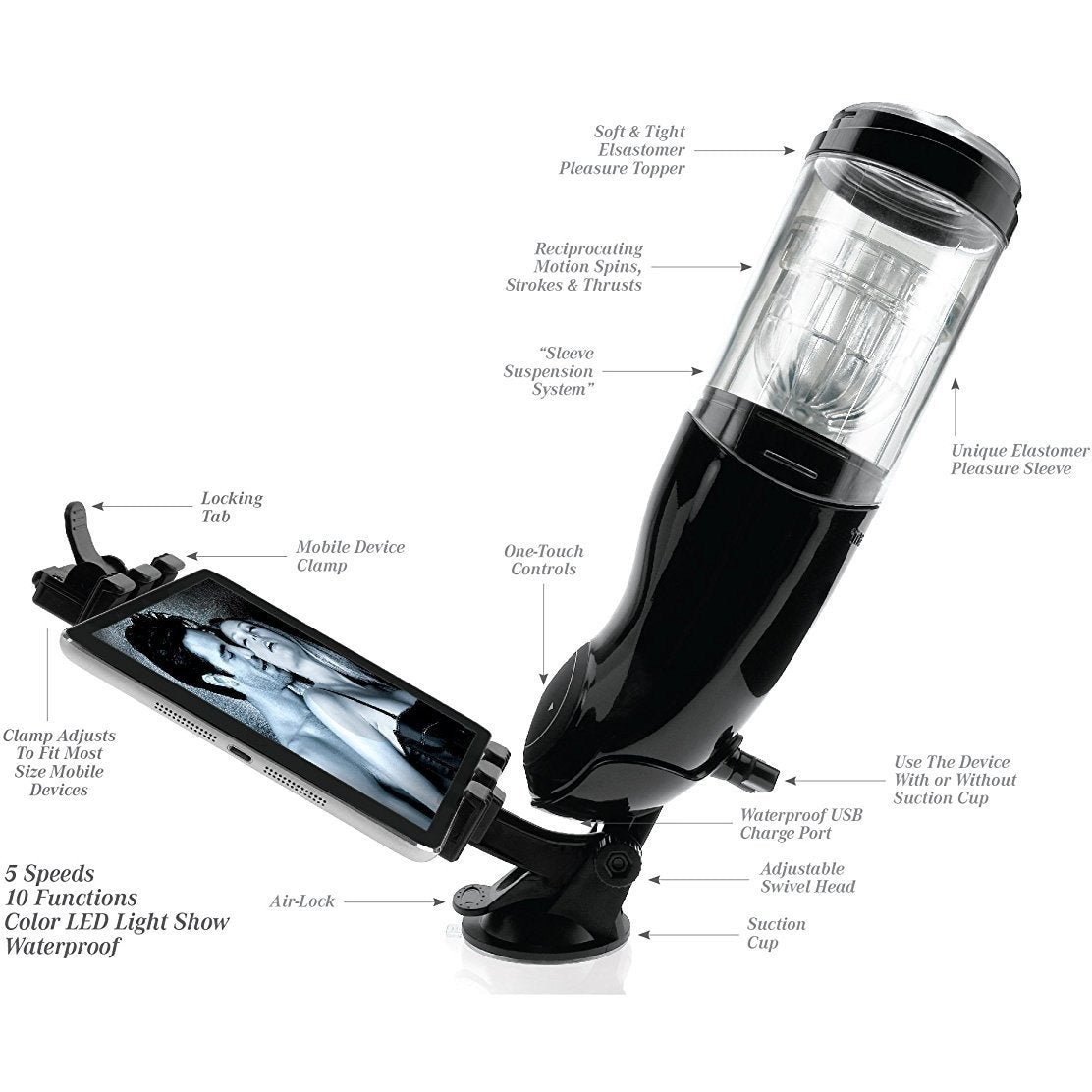 The Adams Toy Box Extreme Toyz Mega Bator is a multifunctional, USB-rechargeable masturbator featuring labeled parts like a mobile clamp, air-lock base, suction cup, and elastomer sleeve. It offers hands-free use with 5 speeds, 10 functions, a waterproof design, and an LED light show.
