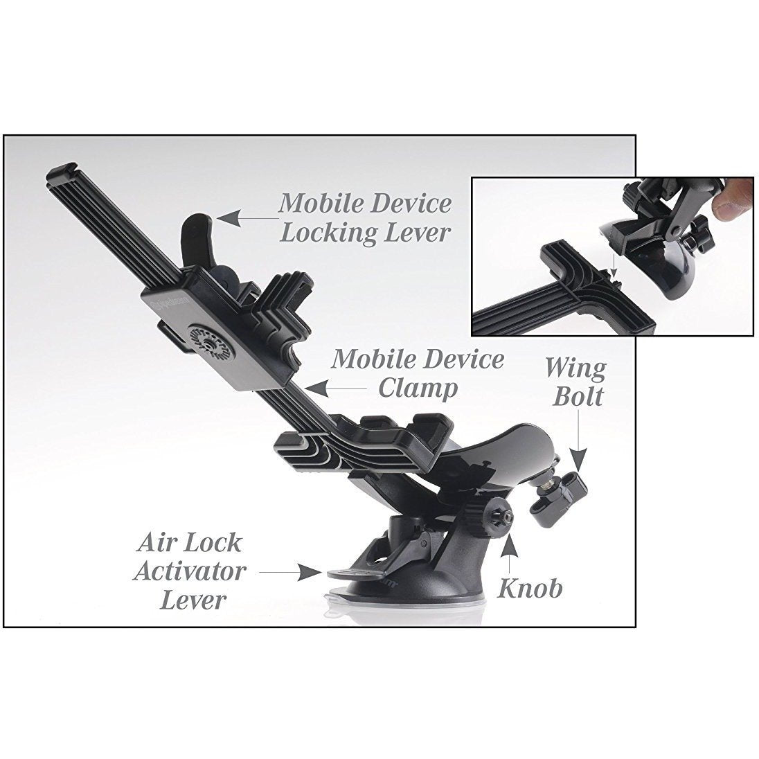 The Extreme Toyz Mega Bator Rechargeable Masturbator Mouth/Ass from Adams Toy Box features a mobile device holder with labeled parts, including a locking lever, clamp, wing bolt, air lock activator lever, and knob. An inset image highlights the wing bolt and knob for enhanced usability.
