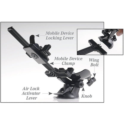 The Extreme Toyz Mega Bator Rechargeable Masturbator Mouth/Ass from Adams Toy Box features a mobile device holder with labeled parts, including a locking lever, clamp, wing bolt, air lock activator lever, and knob. An inset image highlights the wing bolt and knob for enhanced usability.