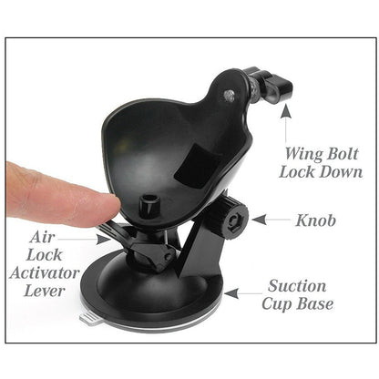 The Extreme Toyz Mega Bator by Adams Toy Box offers a sleek black design featuring parts such as the Wing Bolt Lock Down, Knob, Suction Cup Base, and Air Lock Activator Lever. Perfect for hands-free fun; simply press the lever to securely lock your device in place.